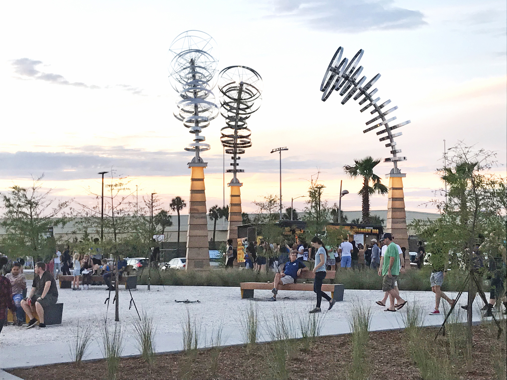 Thomas Sayre’s 34-foot-high “Ripple Gate” sculpture provides a gateway to Tampa’s new riverfront park and is one of many public art pieces incorporated into the Civitas/W design.