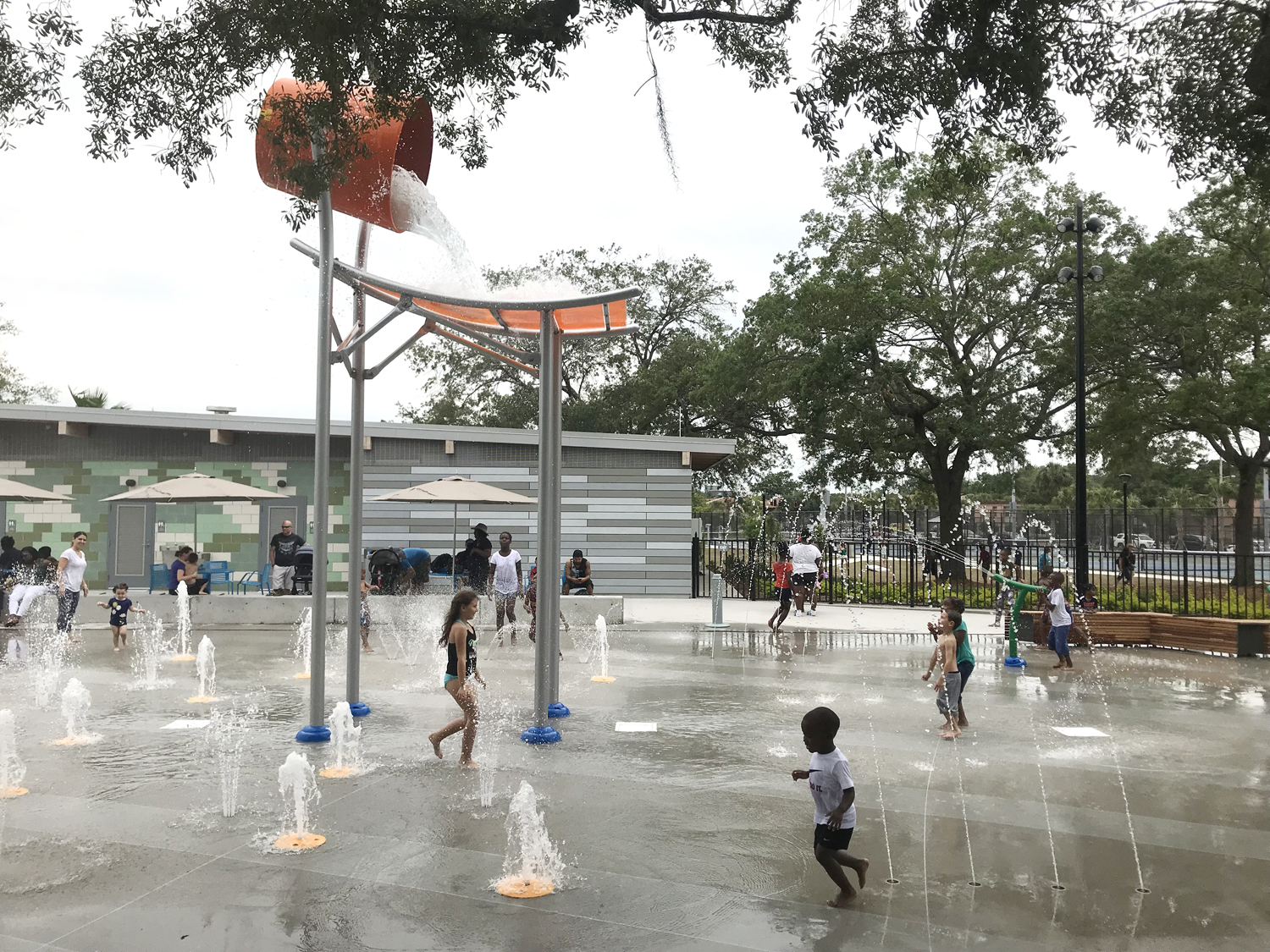 A new splash pad play area is one of many recreational facilities at the new Julian B. Lane Riverfront Park to engage the West Tampa community.