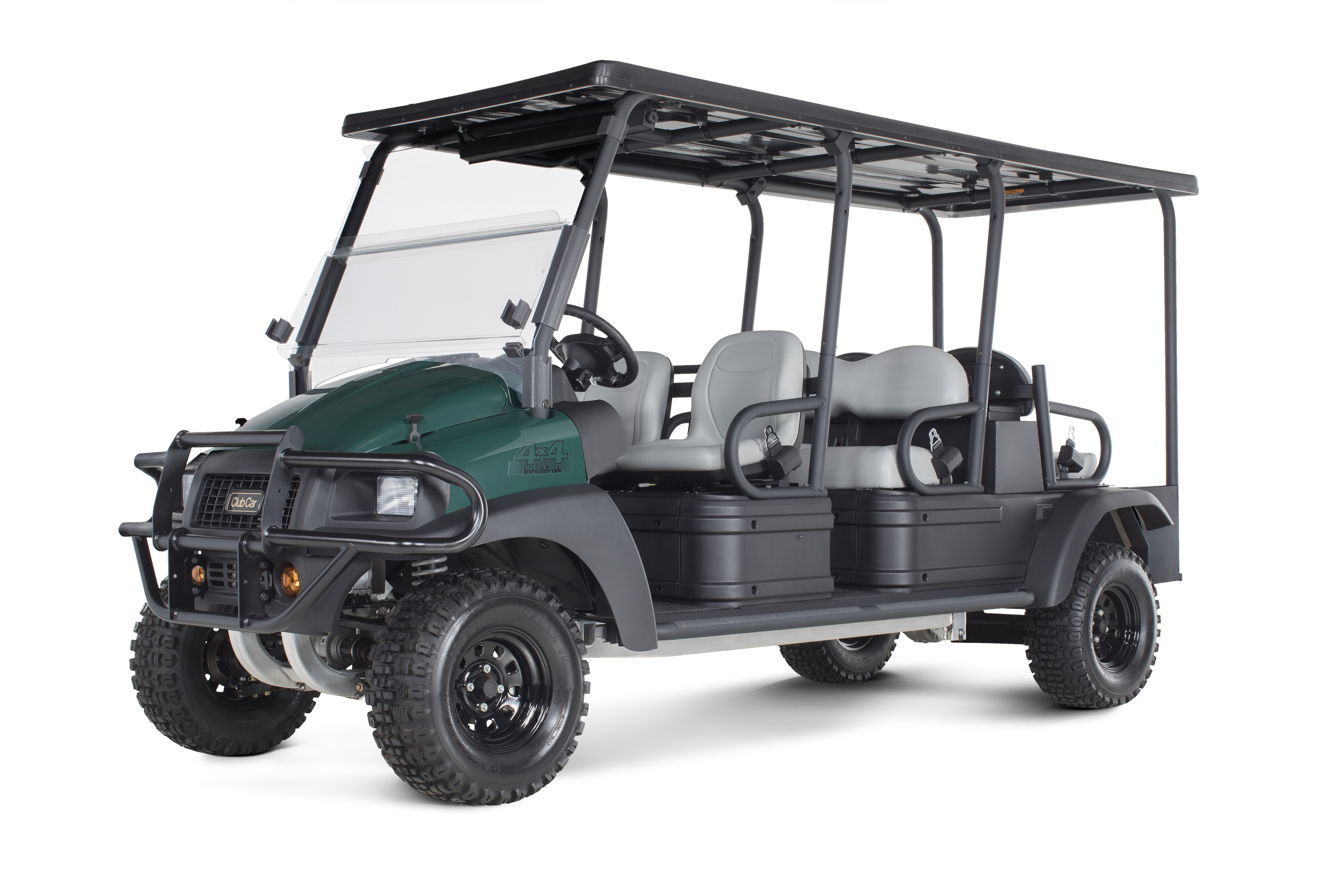 The Carryall 1700 six-passenger utility vehicle with automatic all-wheel drive carries three crews over wet, rough terrain.