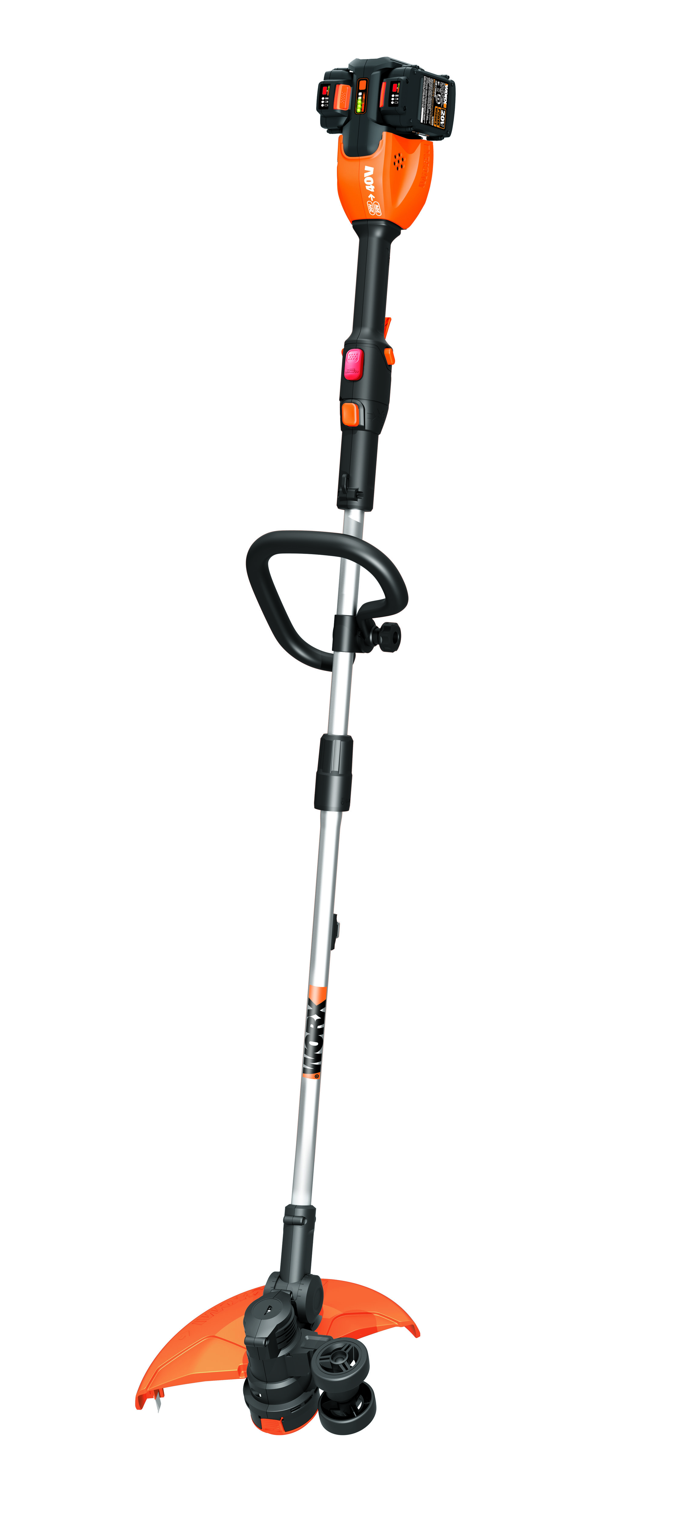 WORX 2x20, 40V, Trimmer/Edger combines performance of two batteries to deliver 40 volts of power.