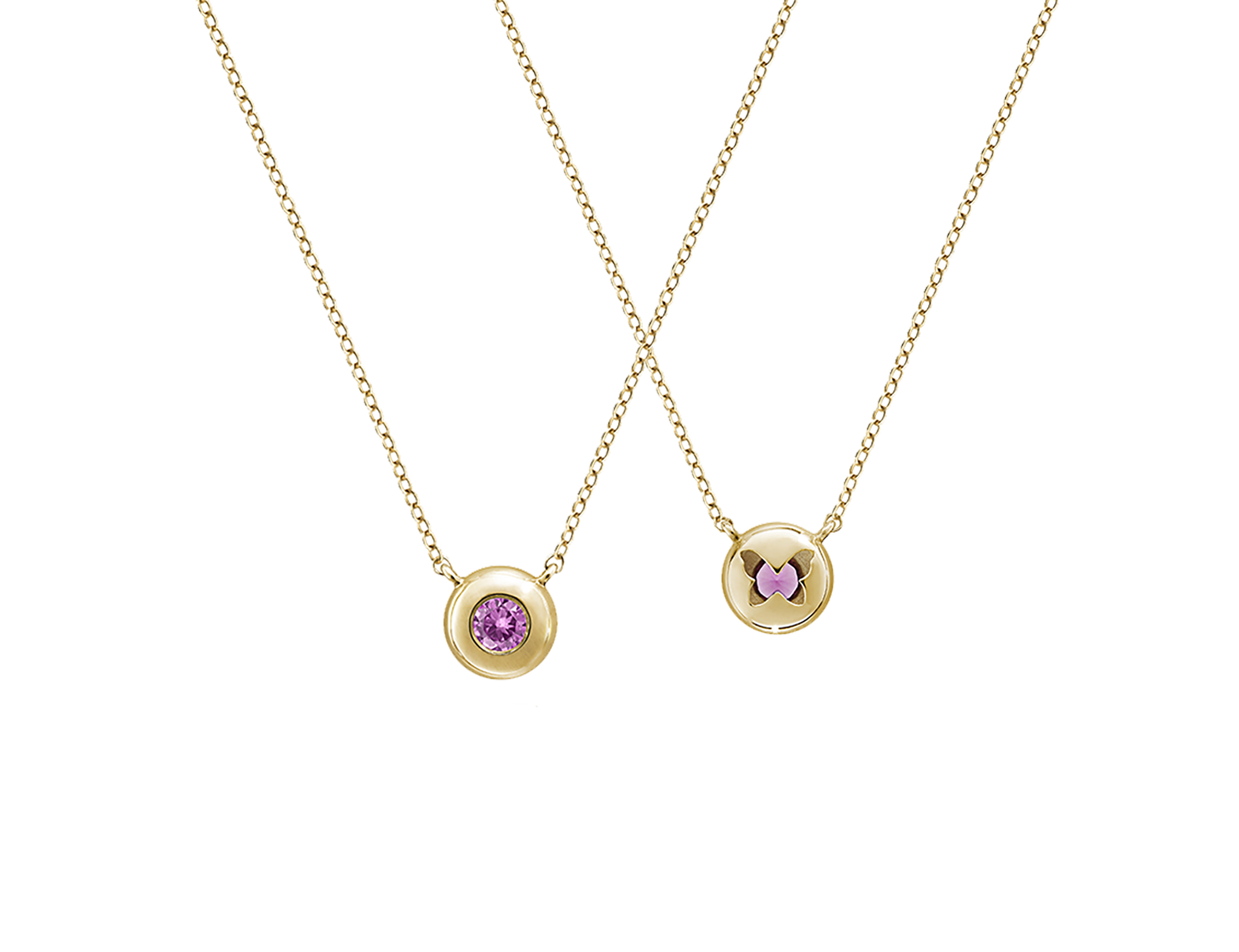 Pink Sapphire Pendant by Annie James. Set in 14 Karat Yellow Gold, with image showing front and back views