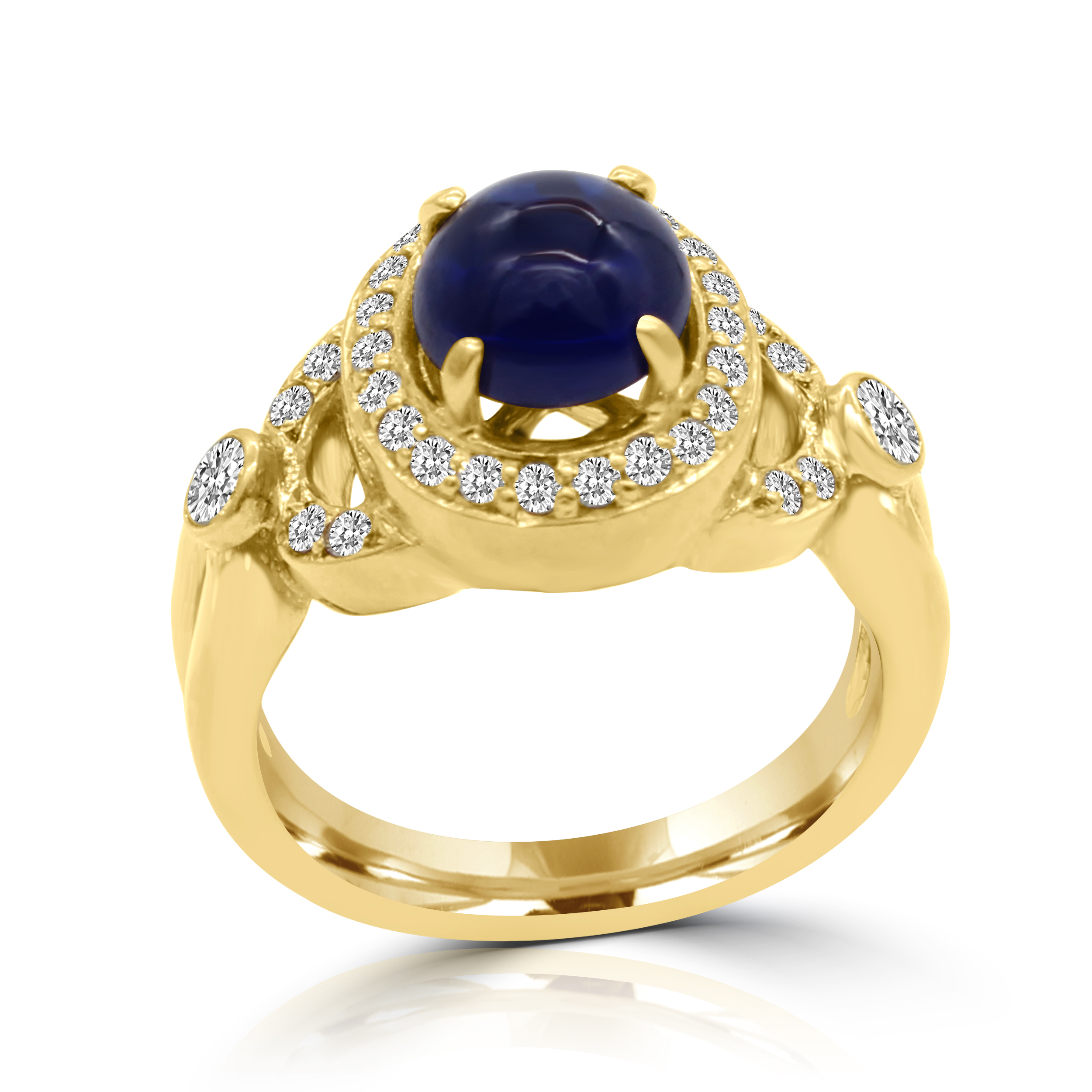 Blue Cabochon Sapphire Ring by Elizabeth Eliner eDiamonds and Design. Blue Sapphire, Diamonds, and 18K Yellow Gold