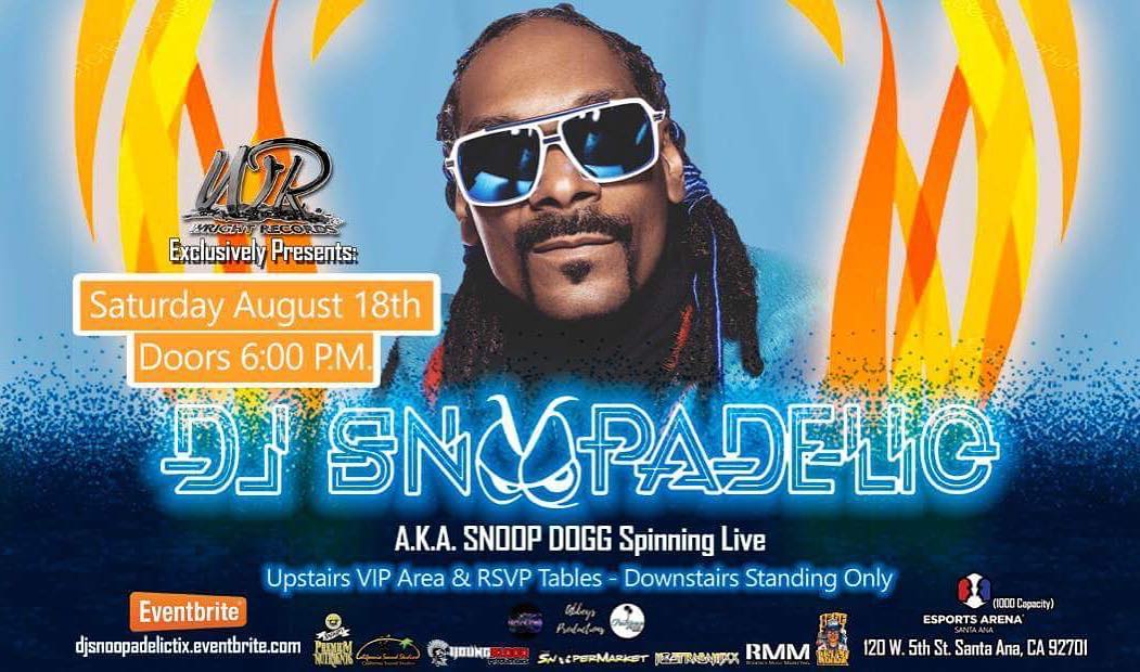 DJ Snoopadelic, aka Snoop Dogg, is bringing the sizzle when he spins live at eSports Arena in Santa Ana, CA on Aug. 18.   Tickets General Admission, VIP Tickets & RSVP Table