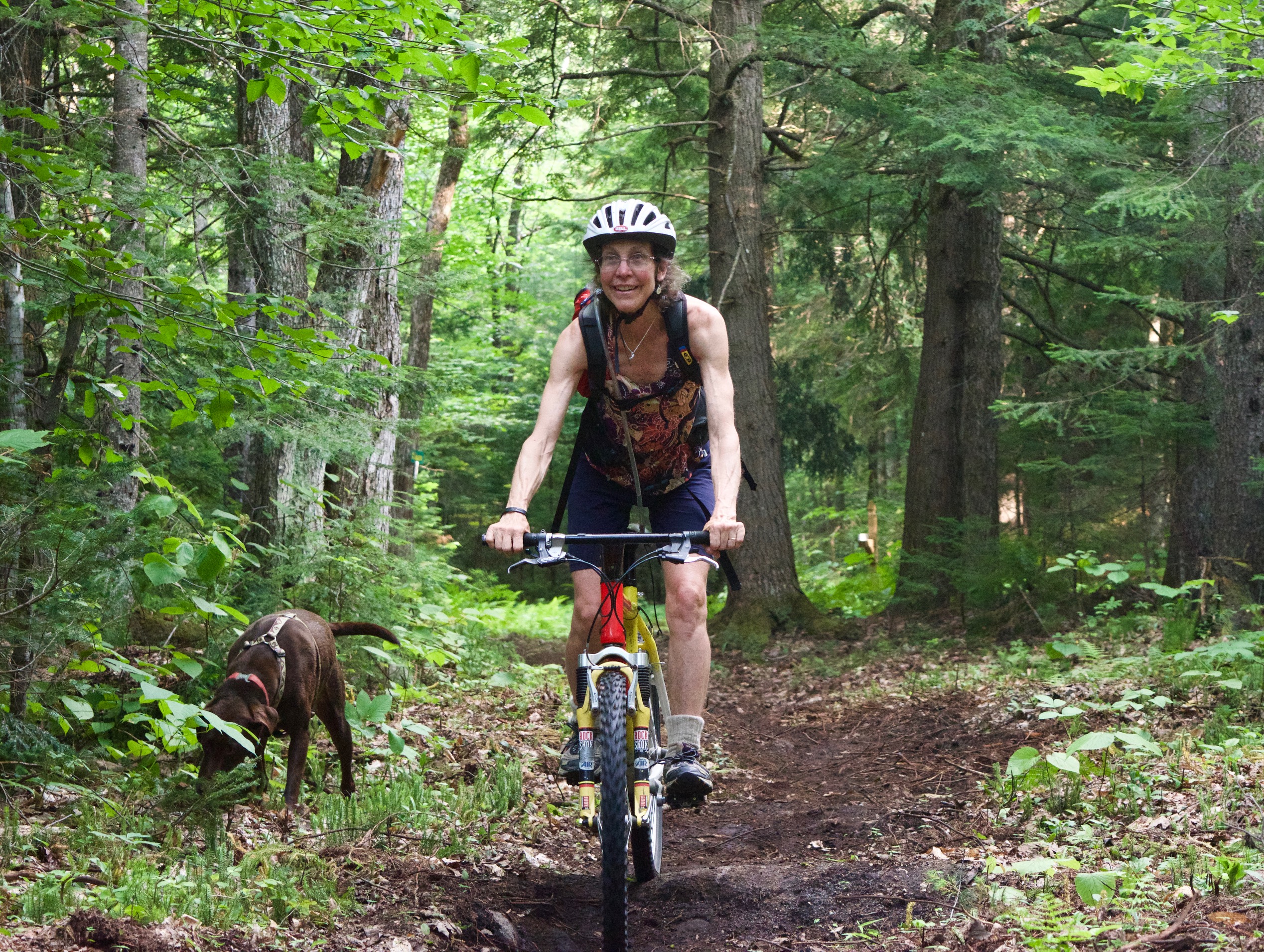 Biking with labrador at Bethel Inn Resort trails
