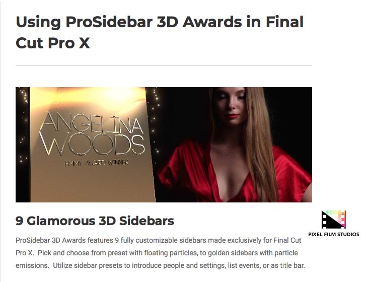 Pixel Film Studios - ProSidebar 3D Awards - FCPX Plugins