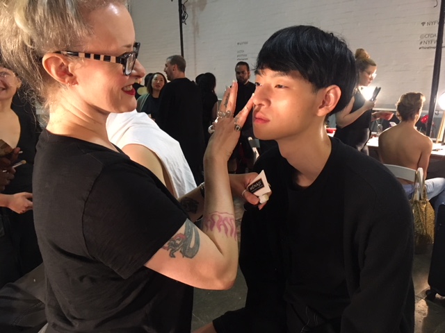 Feng Chen Wang fashion show make up artist and model backstage