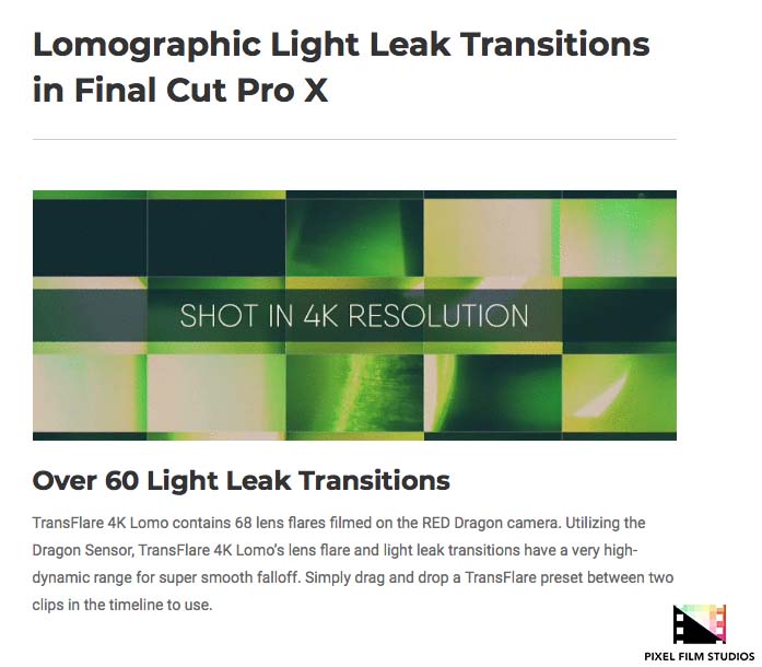 Pixel Film Studios - TransFlare 4K Lomo - FCPX Plugins