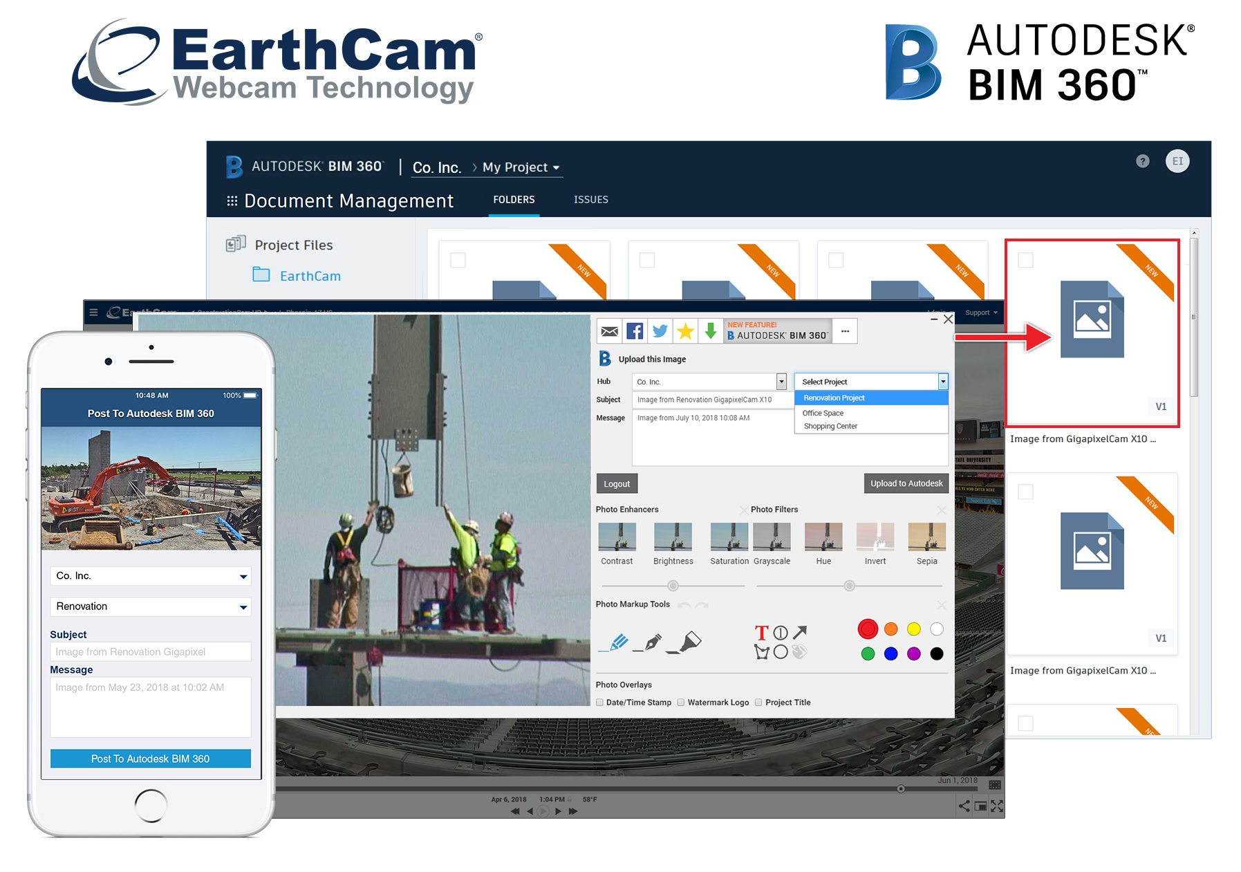 Autodesk BIM 360 users now have access to EarthCam's high quality webcam imagery, 360 photos and video to support important construction archives.