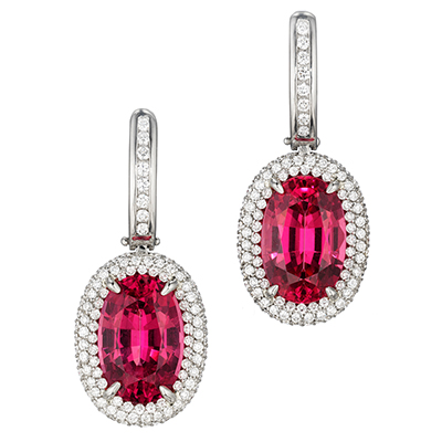 Red Spinel Earrings by Jeffrey Bilgore. Two 8.87 tcw. red spinels, and diamonds, set in platinum