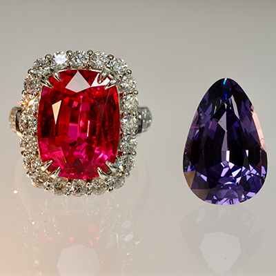 Red Spinel Ring by Jeffrey Bilgore with Antique Pear Shape Violet Spinel by Jeffrey Bilgore. 10.19 ct. Red Spinel with 70 diamonds, set in platinum, with a 10ct. violet spinel