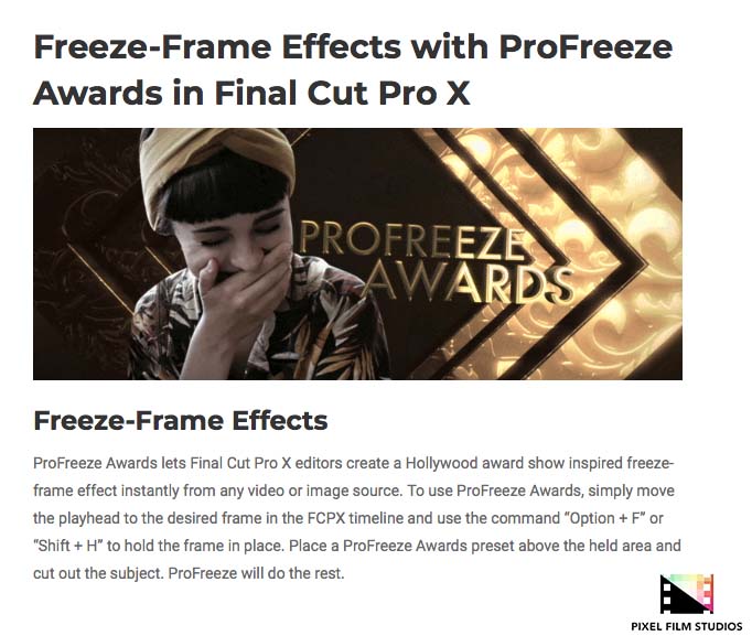 Pixel Film Studios - ProFreeze Awards - FCPX Plugins