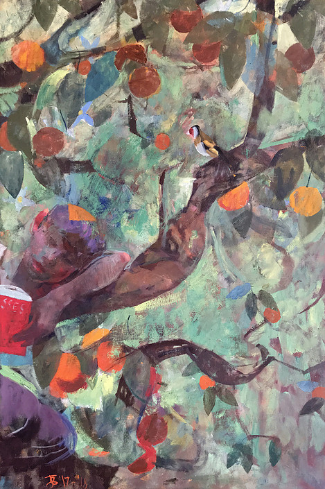James Bland, Orange Tree with Reading Girl, Oil on Canvas, 2018, 24" x 36"