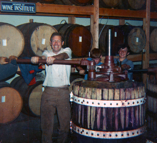 Norman deLeuze with son Robert and Michael Zepponi showing the joy of their first harvest of Pinot Noir.