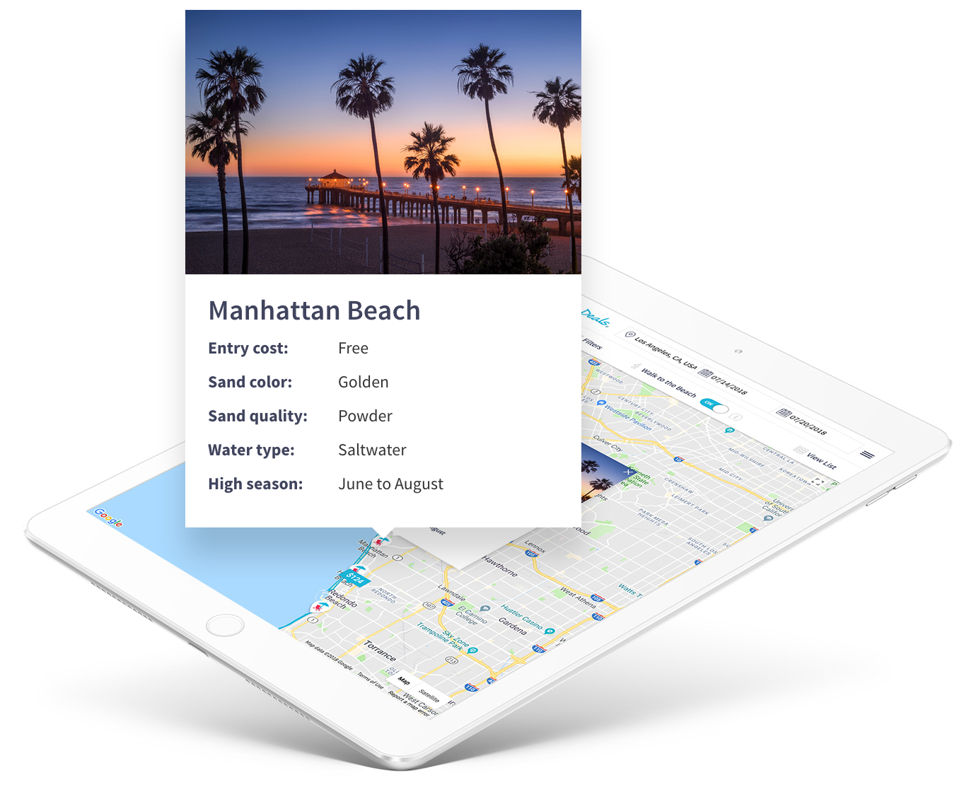 BeachDeals.com's new design includes quick facts about beaches highlighted on maps