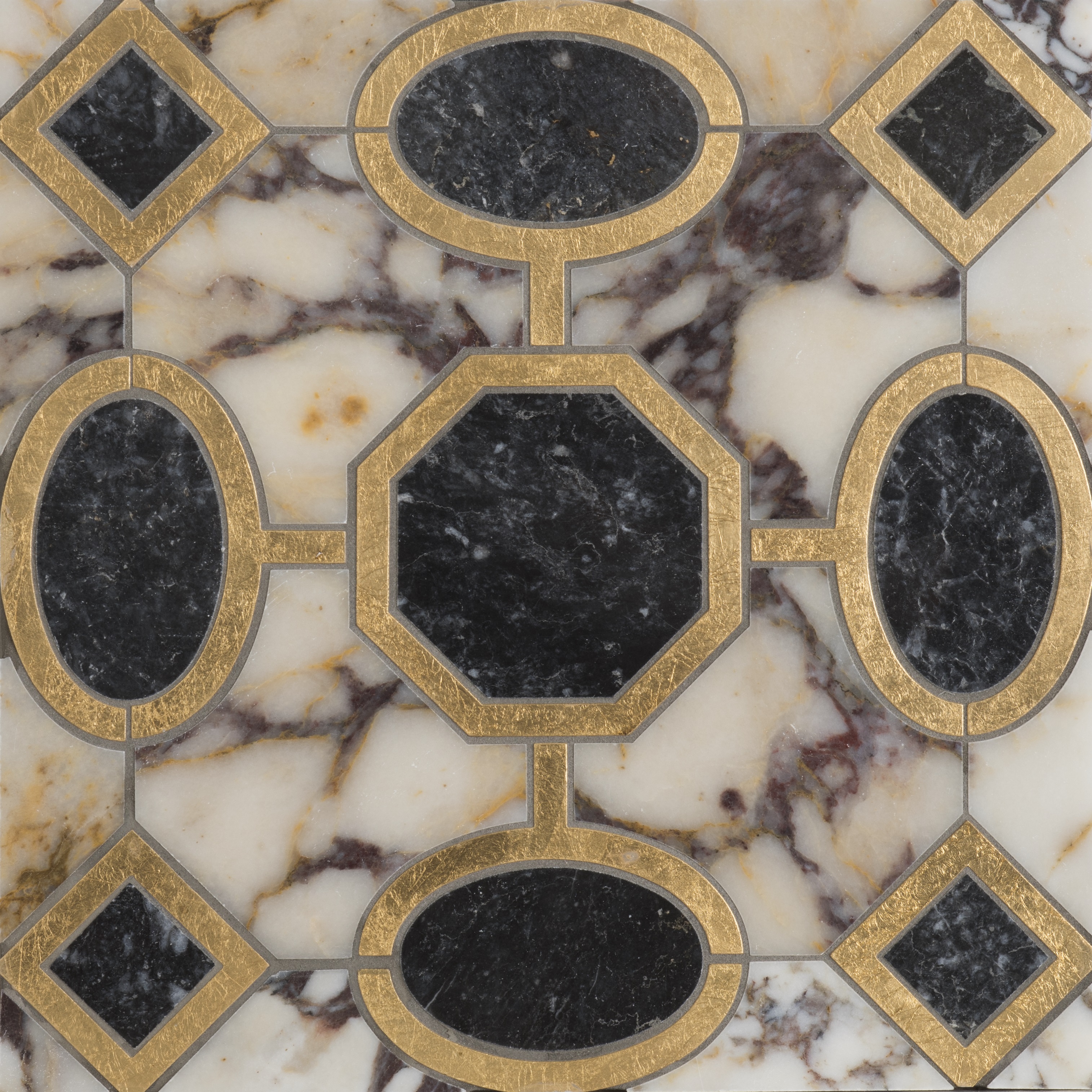 Byzantium combines antique opulence with modern geometry to create a contemporary tile collection. Shown: Gold, Storm Grey and Violetta.