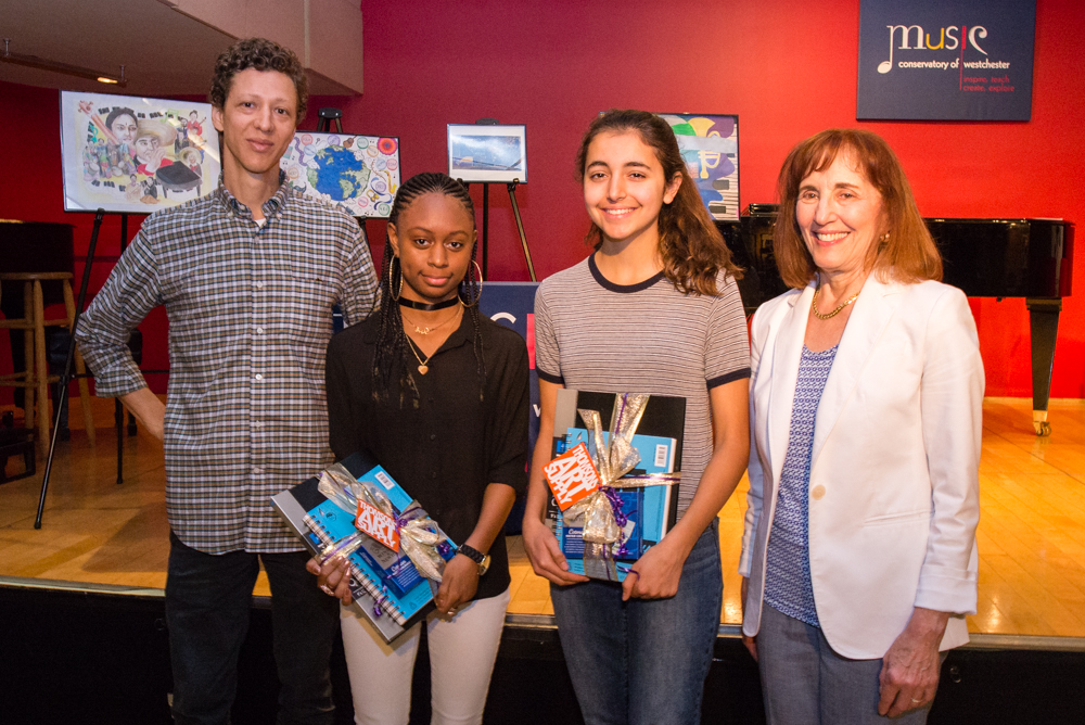 Music Conservatory of Westchester "Colors of Music" Student Mural Contest Winners Mya Madison Davis and Ciara Sergi Celebrate With Mural Artist Jonathan Villoch and Executive Director Jean Newton