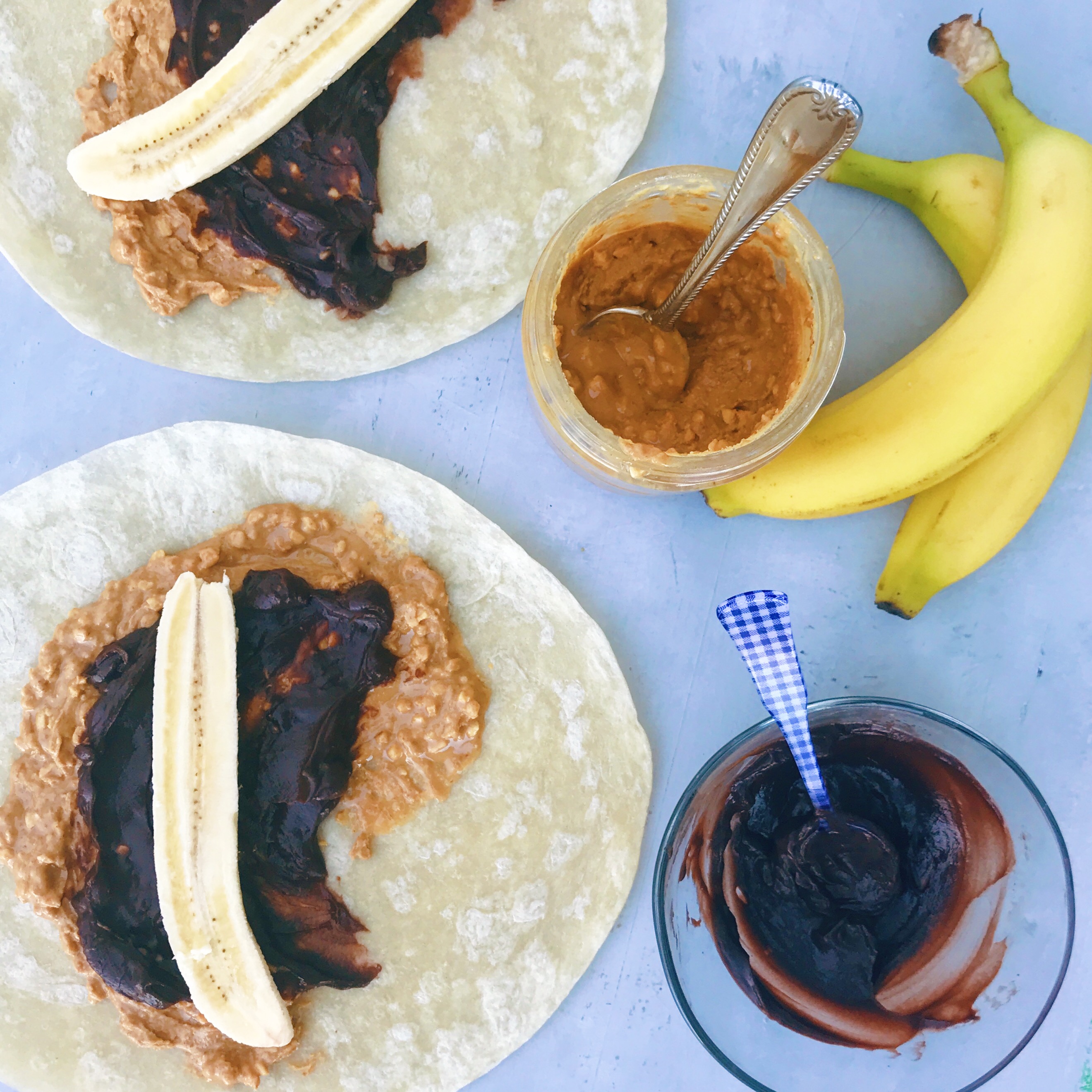 Chocolate, peanut butter and banana roll-ups.