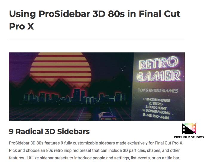 Pixel Film Studios - ProSidebar 3D 80s - FCPX Plugins