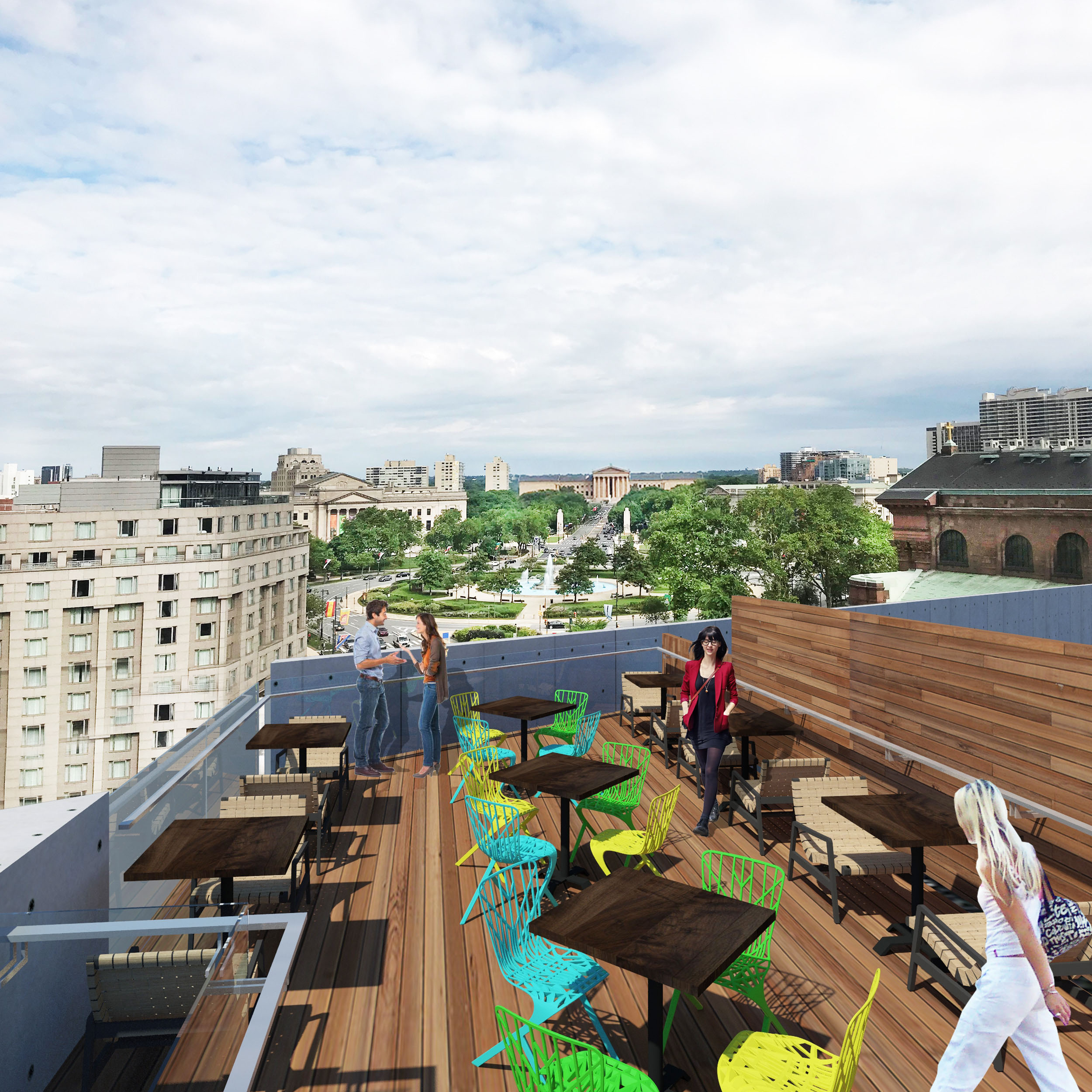 Rooftop deck offers views of the Parkway, Logan Circle and the Art Museum.
