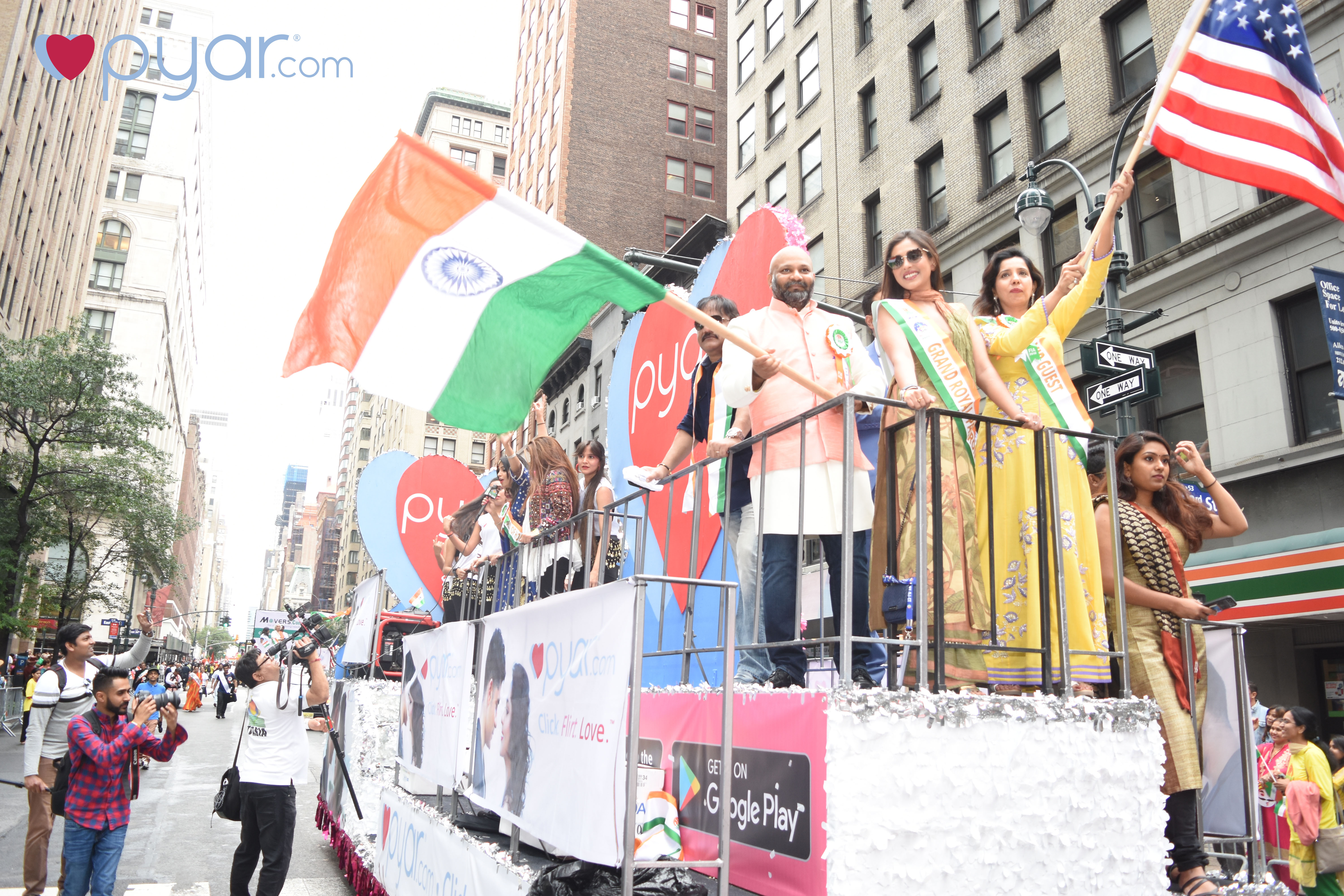 Actress/Model Madhu Shalini on the Title Sponsor Pyar.com float with CEO Vidyadhar Garapati at 2018 India Day Parade in New York City