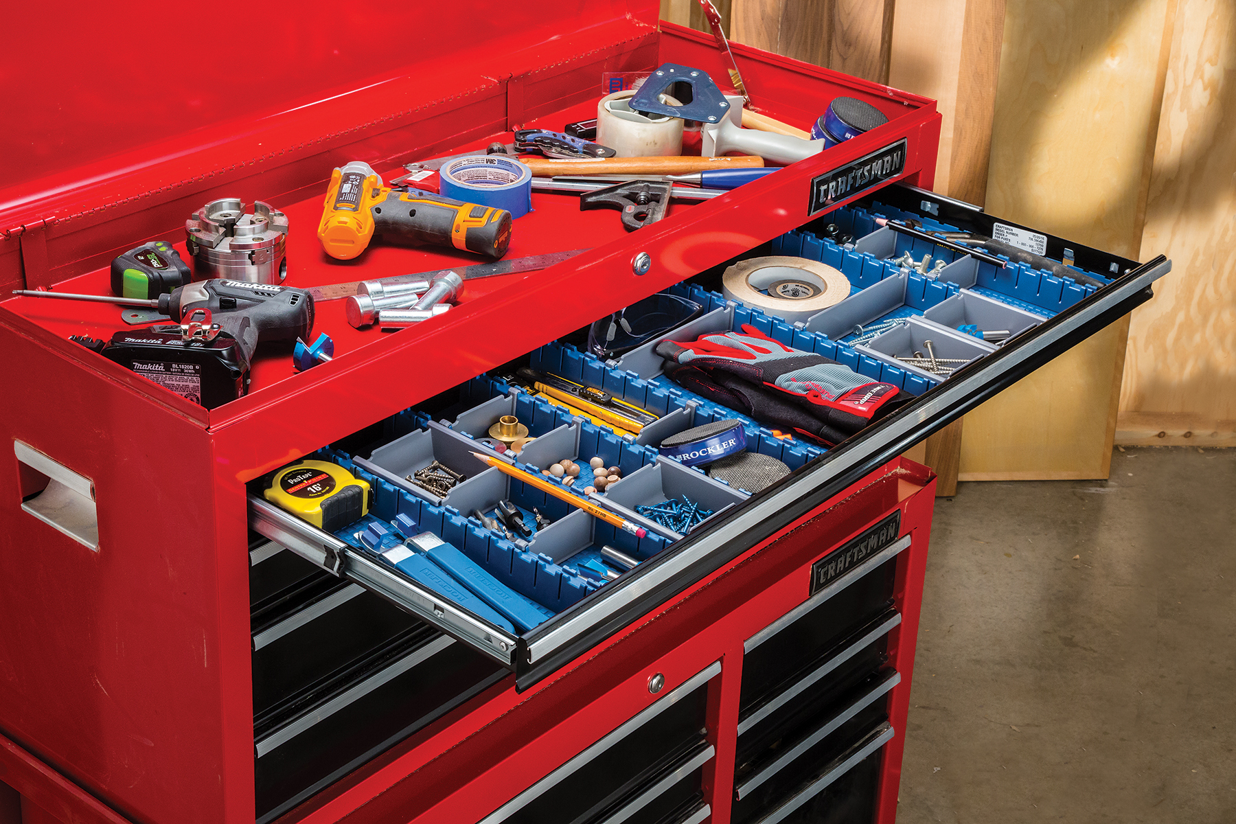 Arrange tools, nails, screws, dowels, plugs, pencils, drill bits, router bits and much more