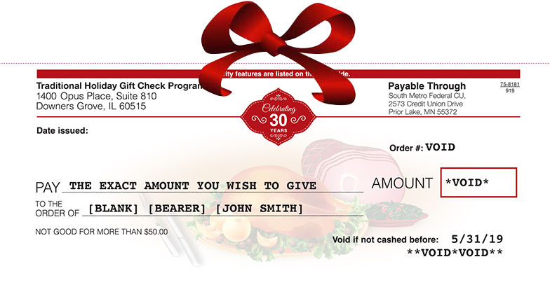 Holiday Gift Checks can be personalized with the company and employee name.