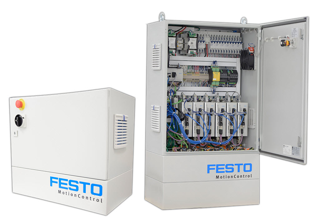 The Festo Motion Control Package control cabinet arrives fully wired and ready to be installed. This image shows the Full Edition cabinet that houses up to six drives. The Festo Motion Control Package