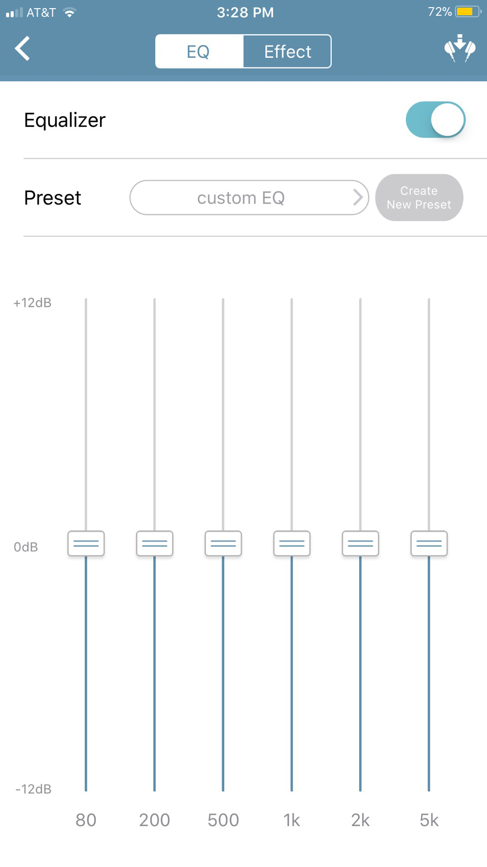 Customizable equalizer (EQ) includes six bands for broad spectrum sound