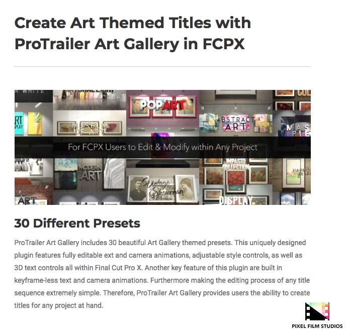 Pixel Film Studios - ProTrailer Art Gallery - FCPX Plugins