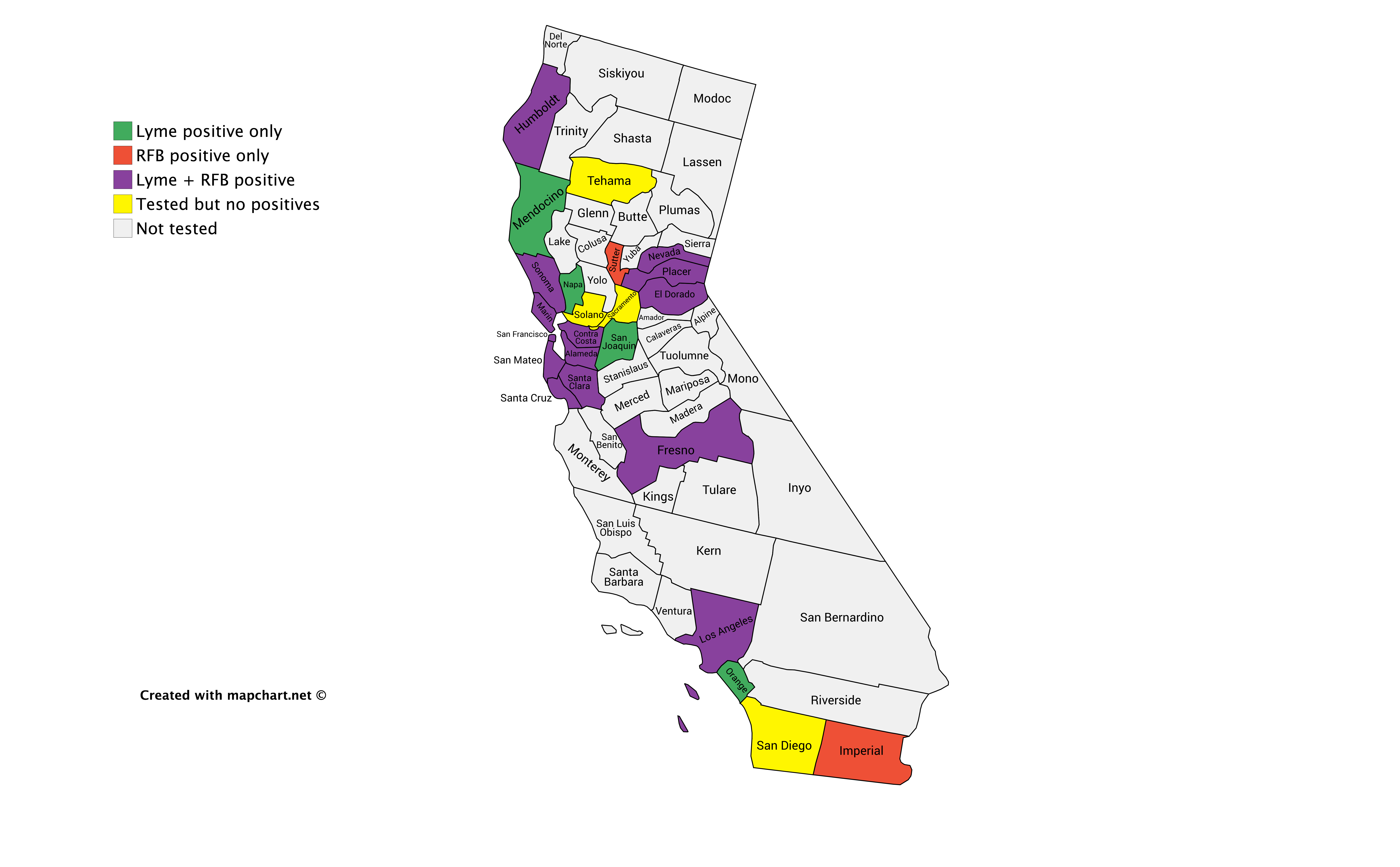 Map of Positive Lyme and Relapsing Fever Borrelia (RFB) Testing in California