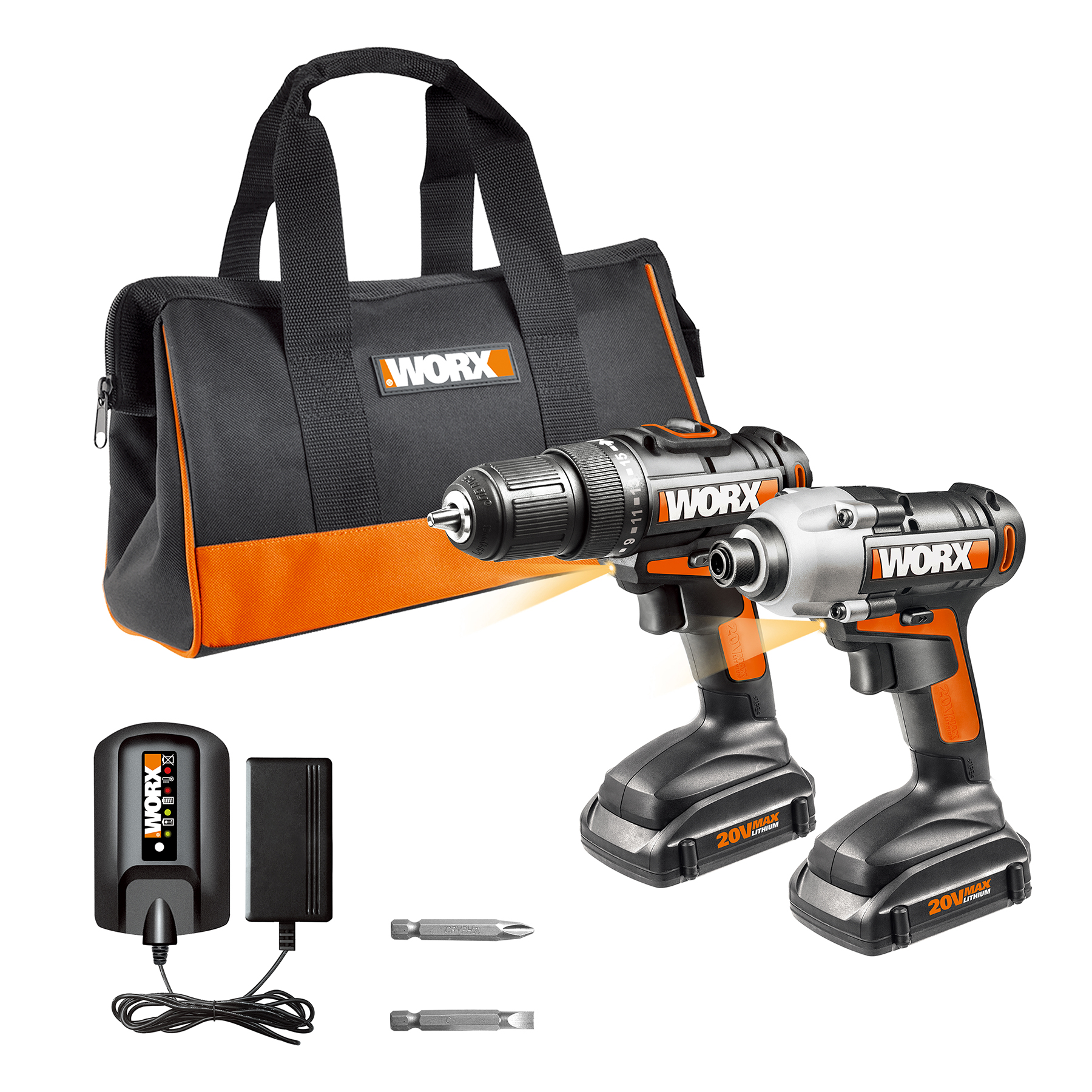 Besides the WORX 20V Drill & Driver and WORX 20V Impact Driver, the combo kit includes two, 20V MAX Lithium batteries, a 5-hr. battery charger, two screwdriver bits and a carrying case.