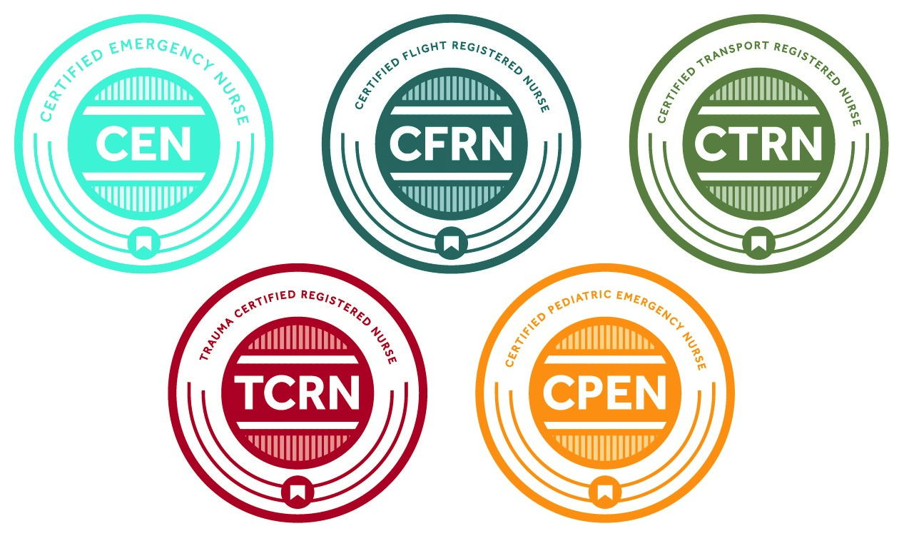 New certification seal logos for BCEN's five emergency nursing specialty certifications.