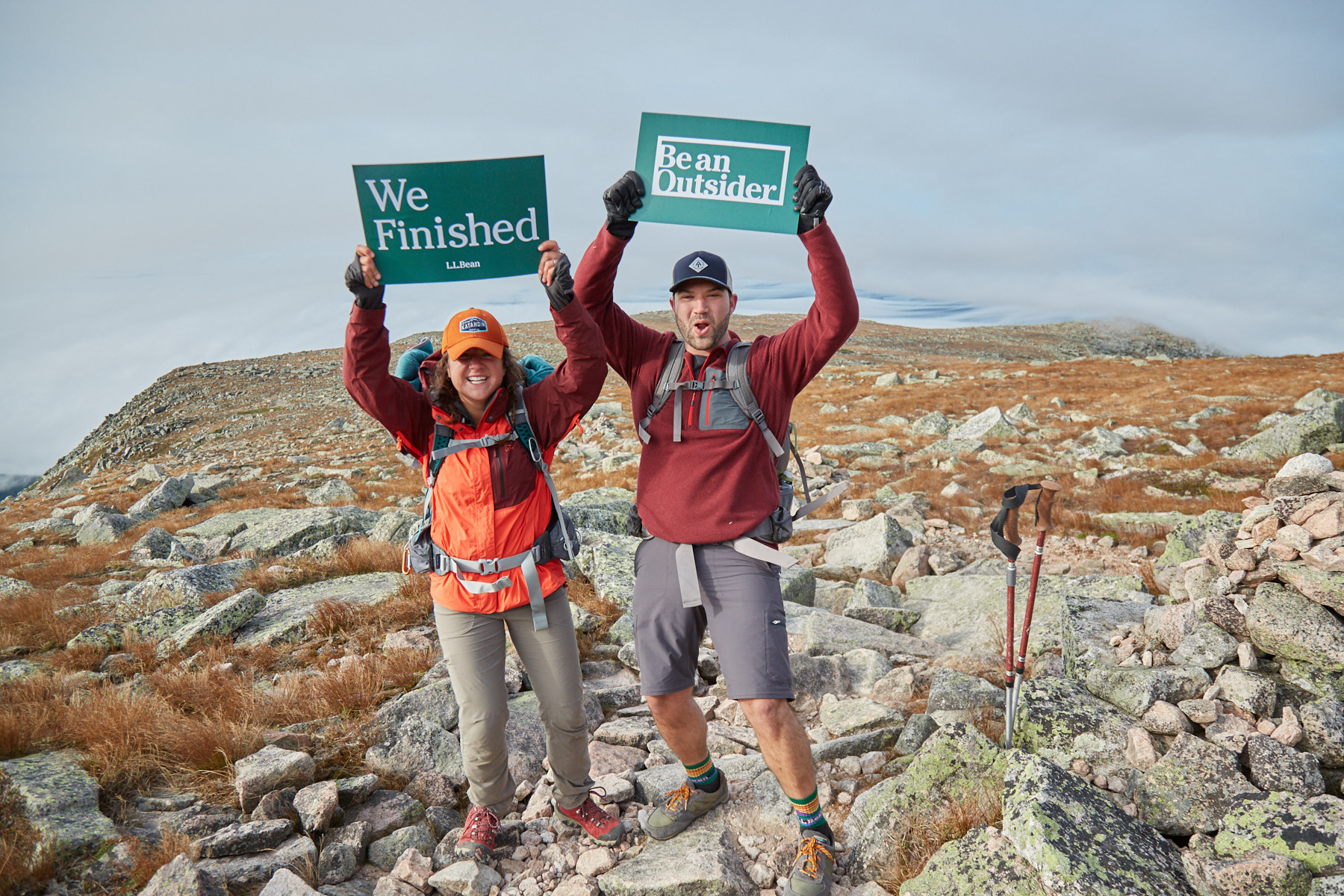 L.L.Bean employees Meghan Pike and Nicholas Butler celebrate their completion of the final section of the L.L.Bean Appalachian Trail Relay.