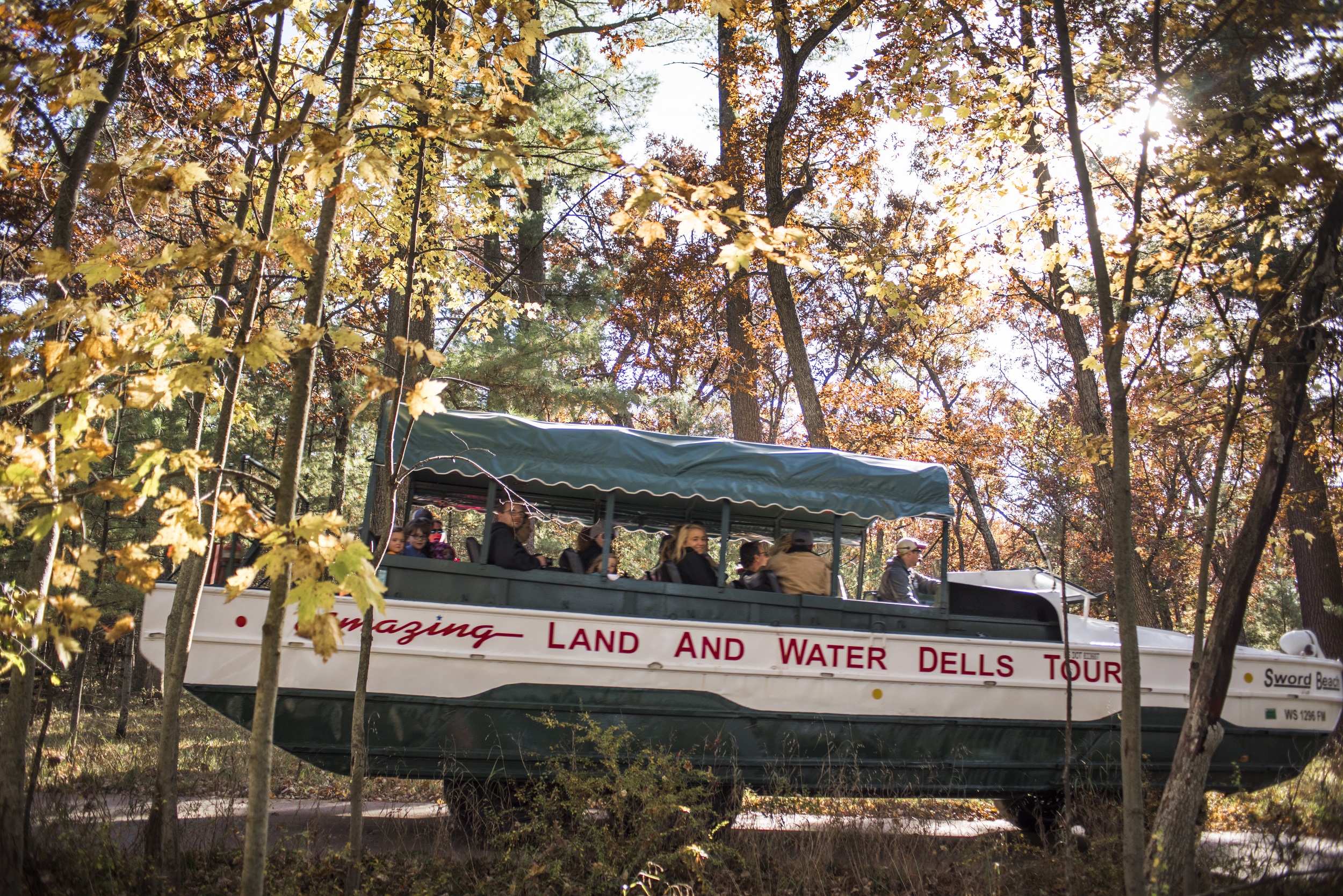 Original Wisconsin Ducks tours take passengers through the beautiful fall foliage before splashing down into the water.