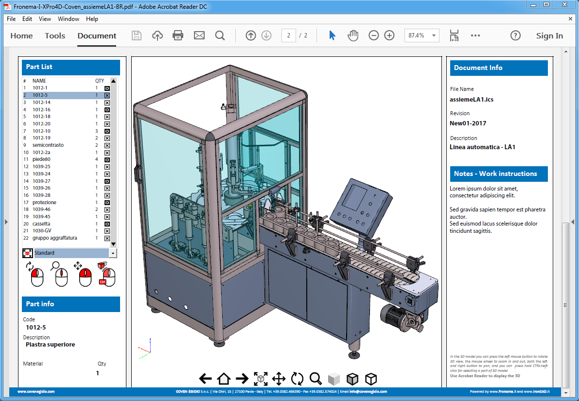 Fronema I-XPro4D 3D PDF Parts List Publishing Example utilizing PDF3D SDK Pro