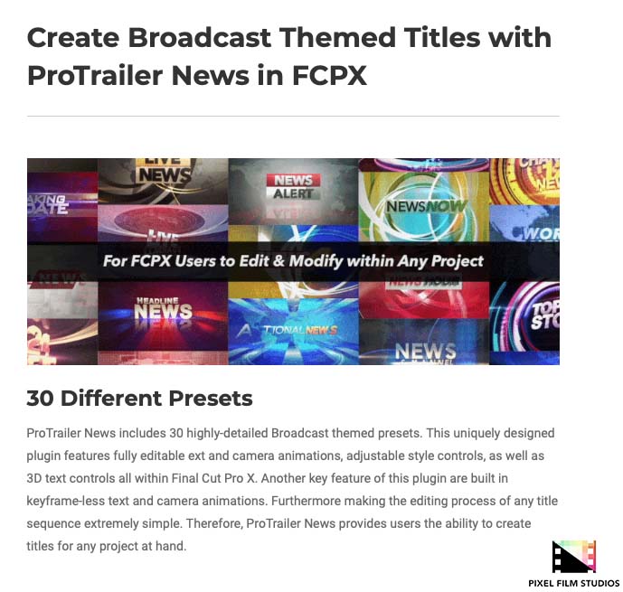 Pixel Film Studios - ProTrailer News - FCPX Plugins