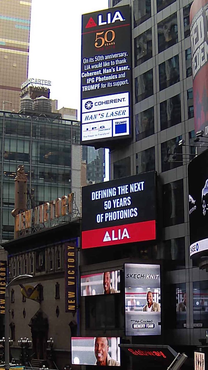 Close up of LIA's 50th celebration message at the world-famous Thomson Reuters building, with a bold statement from LIA "Defining the next 50 years of phonotics".