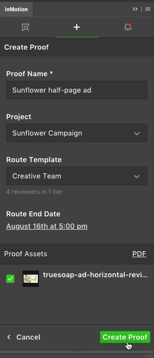 Close up of the create proof panel from the inMotionNow extension for the Adobe Creative Cloud.