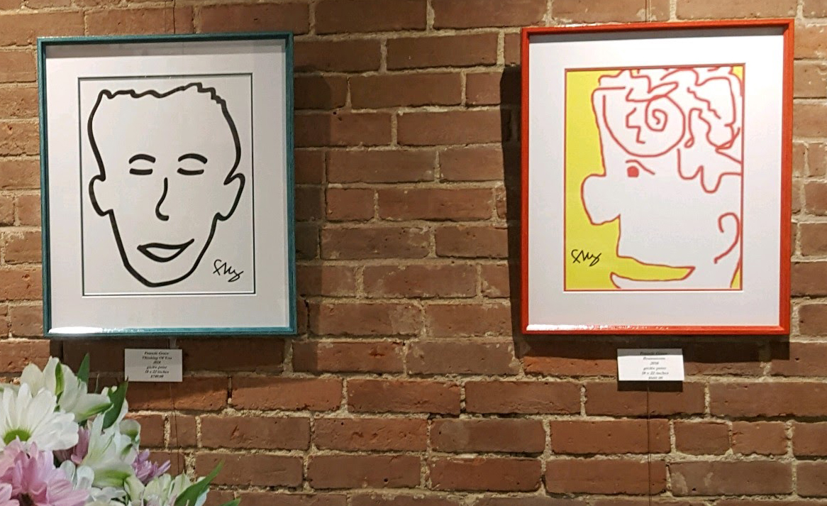 What are these guys thinking? It may all be in the eyes of the beholder. Seen here at Pour Me Café on Main Street in Danbury: “Thinking Of You” (left) and “Brainstorm.” Photo: Francie Grace Art