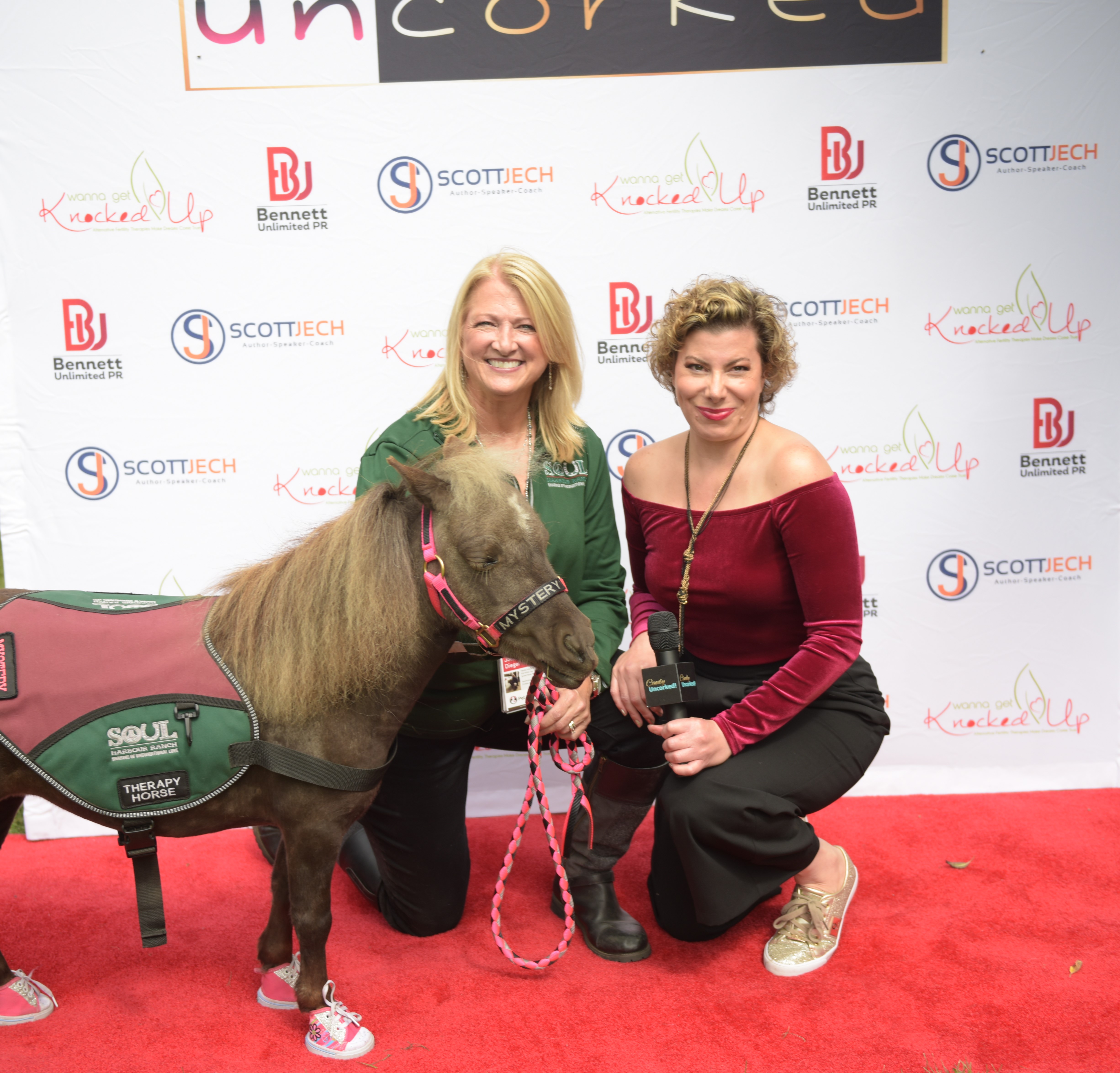 Cindy Ashton with Jodie Elmore Diegel and Mystery the Mini horse on the Red Carpet at Soul Harbour Ranch Event in Barrington IL.