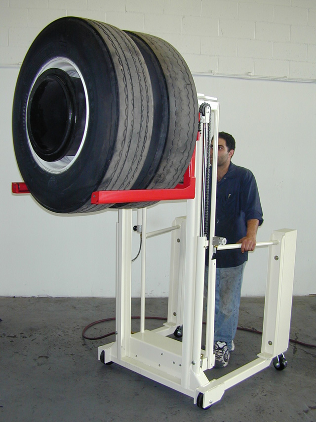 A high lift wheel dolly provides safe, ergonomic removal of vehicle wheels. That’s key because two commercial wheels, complete with drums, could weigh up to 1,000 lbs.