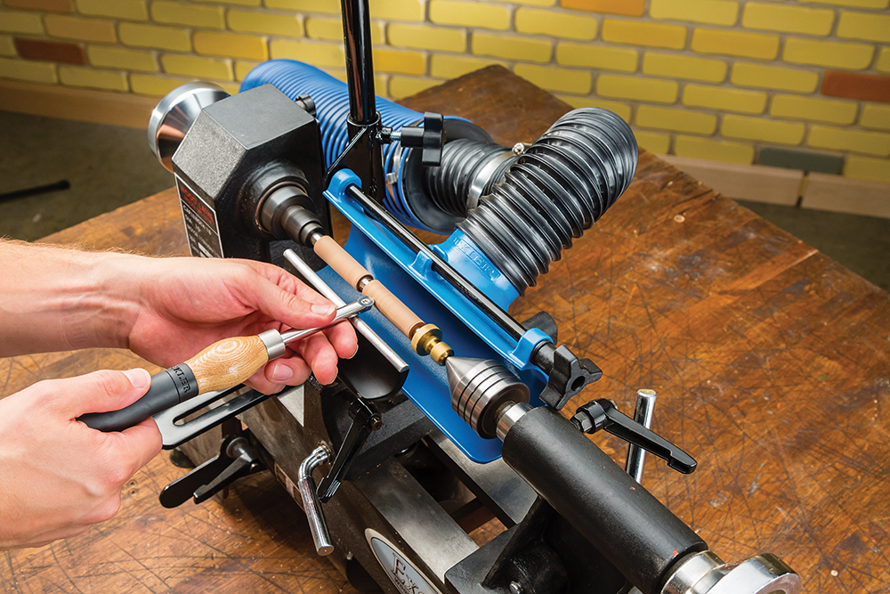 Rockler staff will teach you how to turn on the lathe and form the pen blank.