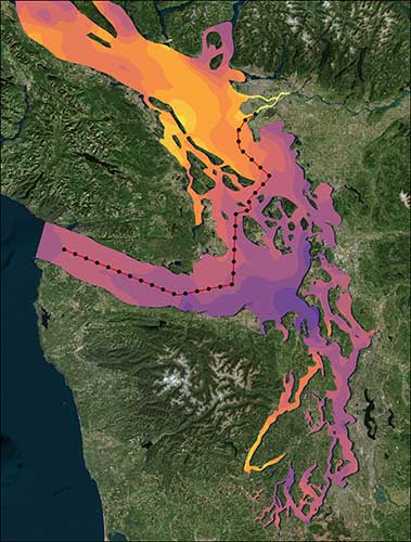 Georeferenced image of Puget Sound (Salish Sea) with vertical transect. Image created with Tecplot 360