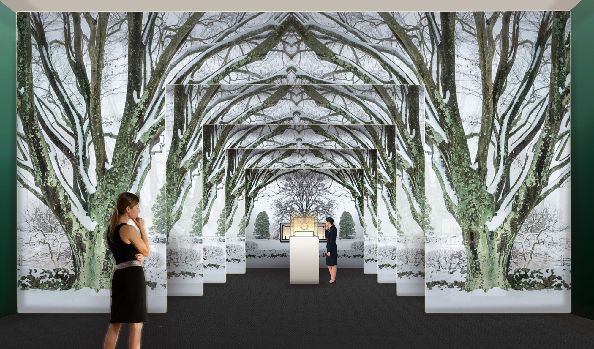 A WRJ Design rendering shows how Jenkins will use trompe l’oeil referencing Mrs. Mellon’s gardens as a dramatic corridor to Schlumberger jewelry displays for the “Jewels of the Imagination” exhibit.