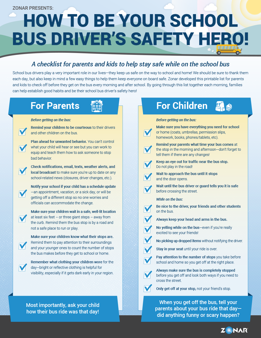 School Bus Safety Checklist for Parents and Kids Provided by Zonar