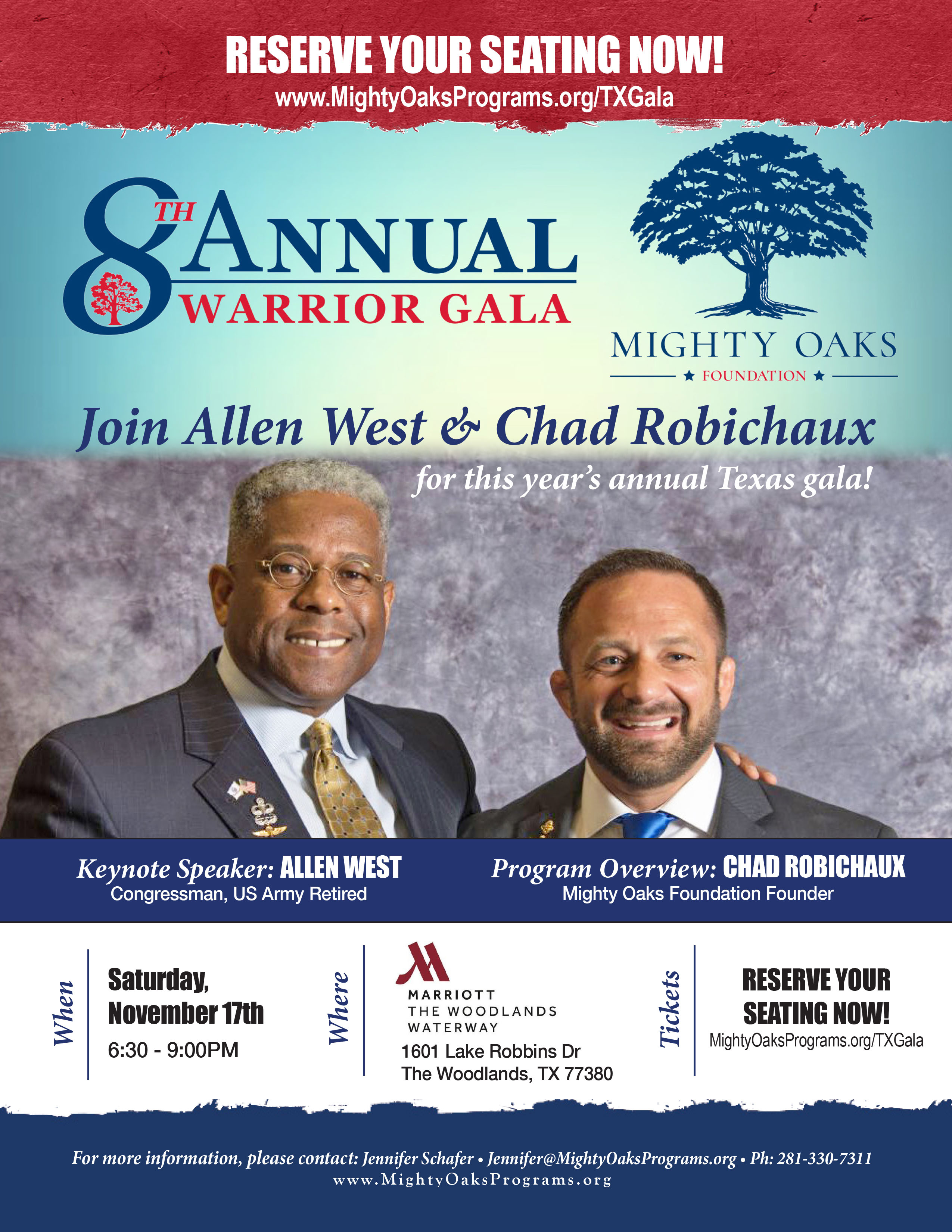 Mighty Oaks Foundation 8th Annual Warrior Gala - Keynote Speakers - Lt. Col. Allen West & Chad Robichaux - Saturday Nov. 17th 2018