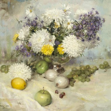 Clark Hulings "Chrysanthemums," 1977, oil on canvas, 20 x 24”