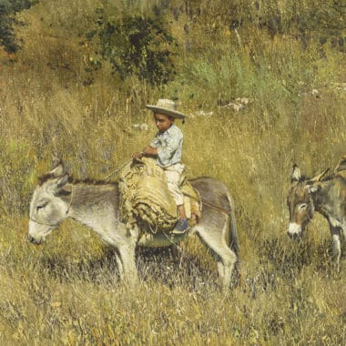 Clark Hulings "Pepito on Donkey Leading Donkey," 1969,  oil on canvas, 19 3/8 x 29 ½”