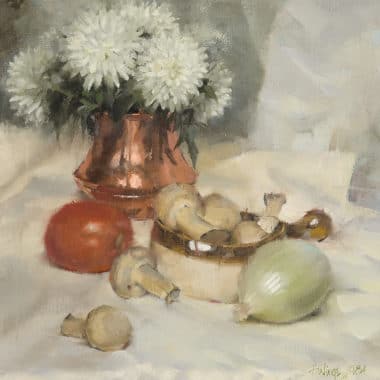 Clark Hulings "Still Life with Mushrooms," 1984, oil on canvas, 11 ½ x 11 ½”