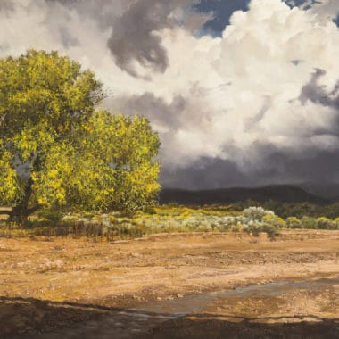 Clark Hulings "Tesuque Cottonwood," 1976, oil on canvas, 23 ⅜  x 35 ⅜”